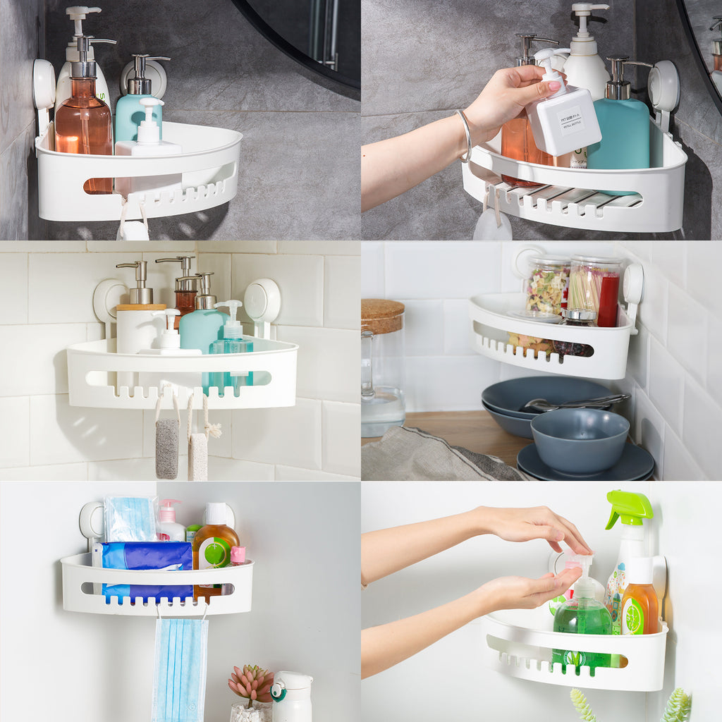 Corner shower rack plastic white shower suction cup rack suitable for  kitchen and bathroom, no drilling required, detachable