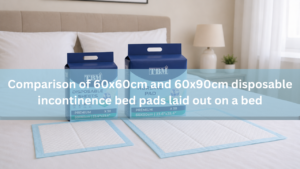 Comparison of 60x60cm and 60x90cm disposable incontinence bed pads laid out on a bed
