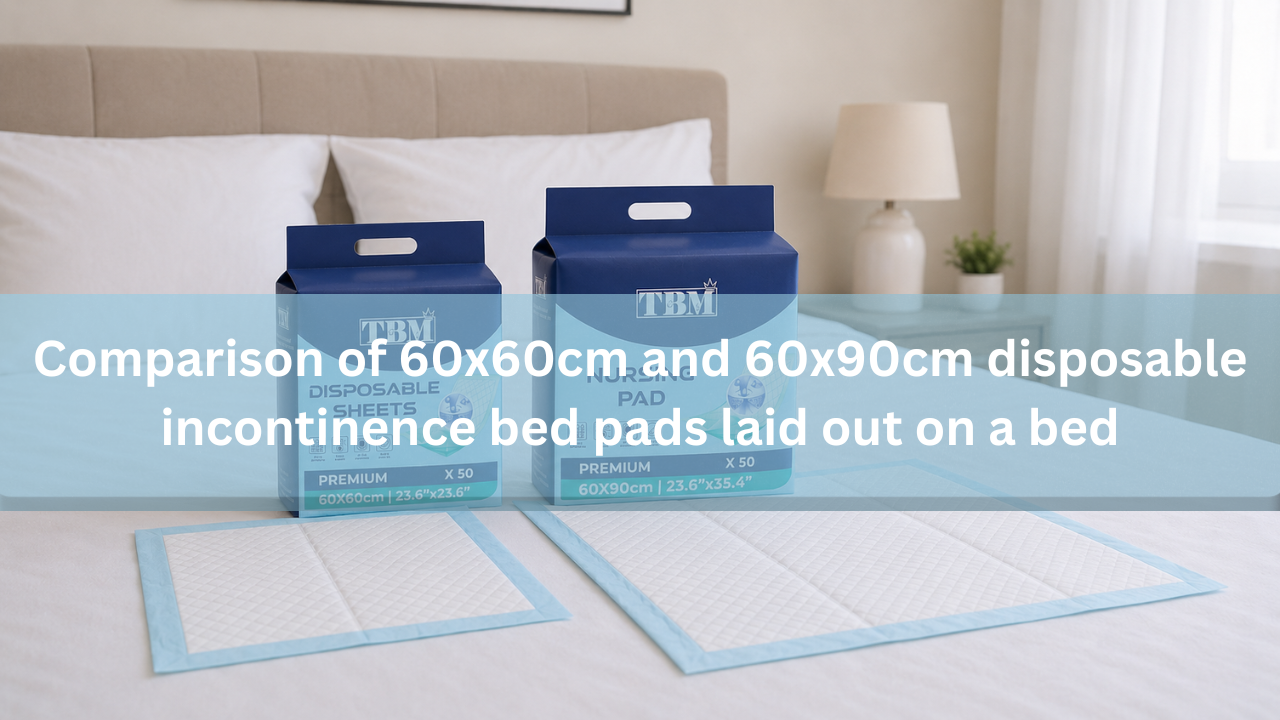 Comparison of 60x60cm and 60x90cm disposable incontinence bed pads laid out on a bed