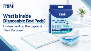 Home 31 Cross-section of a disposable bed pad showing the top layer, absorbent core, and waterproof backing