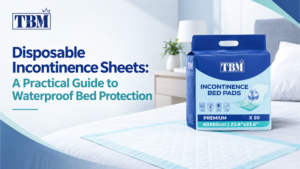 Home 31 Bulk box of TBM disposable bed pads next to a smaller pack showing cost savings